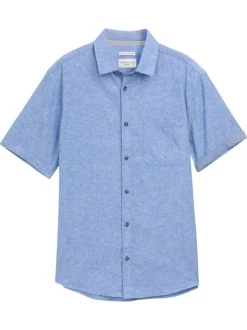 Chemise manches courtes bleue unie à coupe droite avec 1 poche et col français