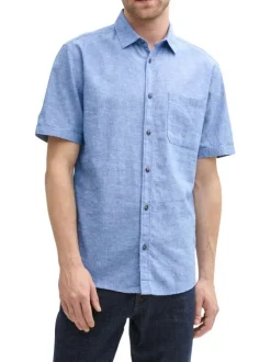 Chemise manches courtes bleue unie à coupe droite avec 1 poche et col français