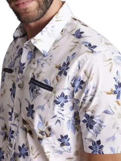 Chemise à manches courtes en coton blanche fleurie et à coupe slim fit
