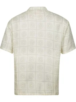 Chemise manches courtes en coton écrue à grands carreaux et à col cubain