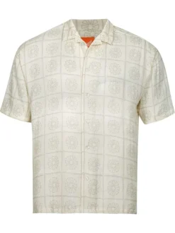 Chemise manches courtes en coton écrue à grands carreaux et à col cubain