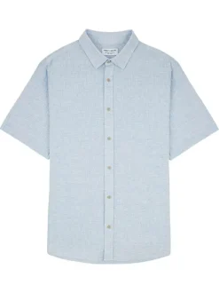 Chemise manches courtes en coton et lin mélangé ciel unie à coupe regular fit
