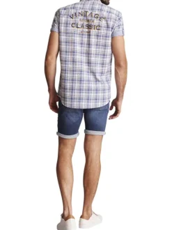 Chemise à manches courtes en coton grise imprimée tartan et à coupe regular fit