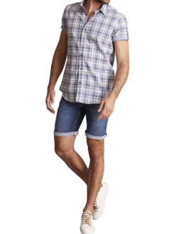 Chemise à manches courtes en coton grise imprimée tartan et à coupe regular fit