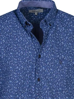 Chemise manches courtes en coton marine fleurie avec une coupe droite