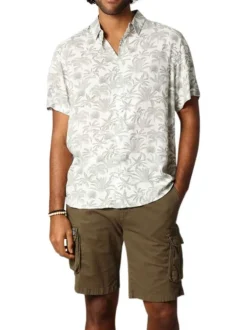 Chemise à manches courtes en coton mélangé écrue imprimée et à coupe droite