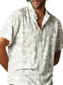 Chemise à manches courtes en coton mélangé écrue imprimée et à coupe droite