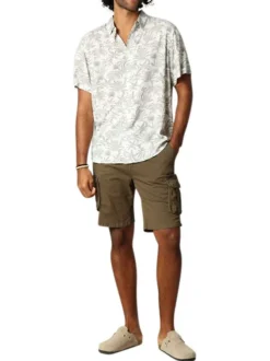 Chemise à manches courtes en coton mélangé écrue imprimée et à coupe droite