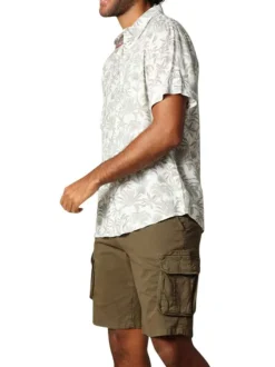 Chemise à manches courtes en coton mélangé écrue imprimée et à coupe droite