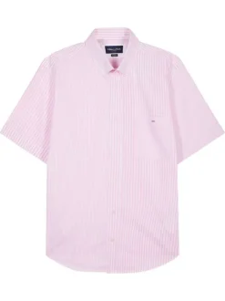Chemise manches courtes en coton rose rayée à coupe droite avec un col boutonné