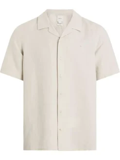 Chemise à manches courtes en lin beige unie avec un col cubain