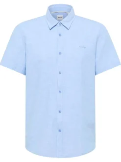 Chemise manches courtes en lin et coton bleue unie à coupe regular fit