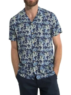 Chemise manches courtes marine avec des imprimés une coupe droite un col cubain
