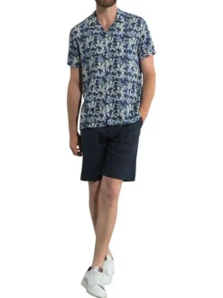 Chemise manches courtes marine avec des imprimés une coupe droite un col cubain