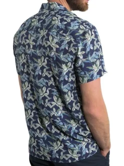 Chemise manches courtes marine avec des imprimés une coupe droite un col cubain