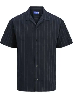 Chemise manches courtes marine à rayures avec coupe regular et un col cubain