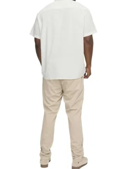 Chemise manches courtes slim blanche unie en coton mélangé avec col italien