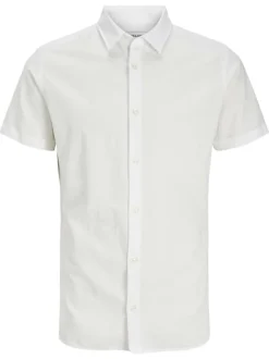 Chemise manches courtes slim blanche unie en coton mélangé avec col italien
