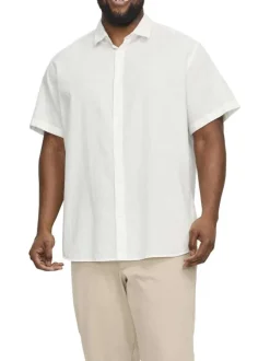 Chemise manches courtes slim blanche unie en coton mélangé avec col italien