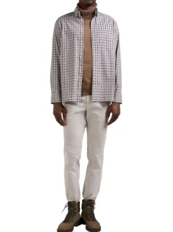 Chemise manches longues en coton blanche à petits carreaux avec un col américain
