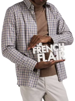 Chemise manches longues en coton blanche à petits carreaux avec un col américain