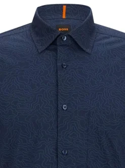 Chemise manches longues en coton bleue marine à motifs avec une coupe ajustée