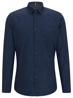 Chemise manches longues en coton bleue marine à motifs avec une coupe ajustée