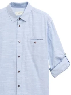 Chemise manches longues en coton ciel chiné à coupe droite avec 1 poche