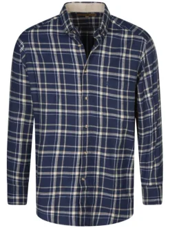 Chemise manches longues flanelle marine en coton à carreaux avec col boutonné