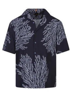 Chemise marine avec des imprimés une coupe droite et un col cubain