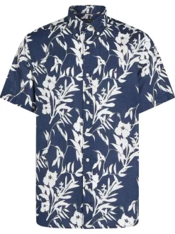 Chemise marine en lin imprimée avec une coupe droite à col français