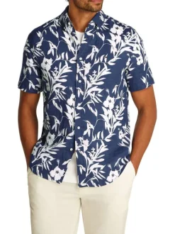 Chemise marine en lin imprimée avec une coupe droite à col français