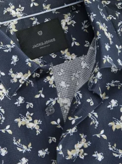 Chemise marine fleurie à coupe droite avec col français et manches longues