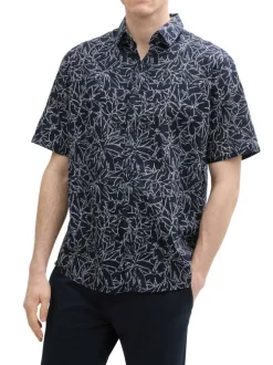 Chemise marine à motif floral blanc avec coupe regular et à manches courtes