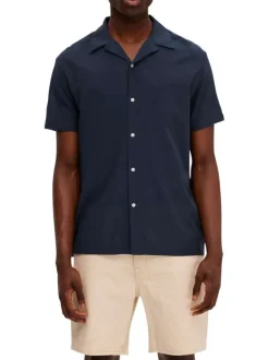 Chemise marine uni avec coupe droite col français et à manches courtes