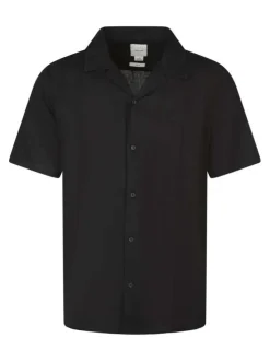 Chemise noire à coupe droite pourvue d'un col cubain et de manches courtes