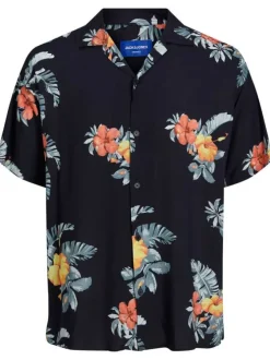 Chemise noire fleuri coupe ajustée col à cran et à manches courtes