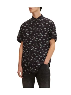 Chemise noire imprimé palmier all-over coupe droite à col italien