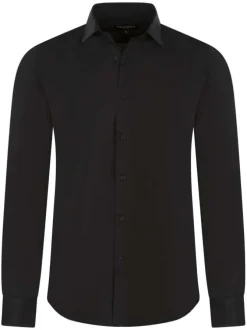 Chemise noire unie à coupe ajustée col italien et à manches longues