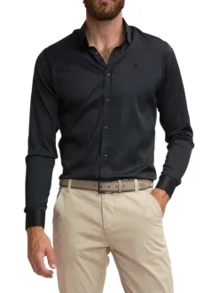 Chemise noire unie coupe slim fit col américain et à manches longues