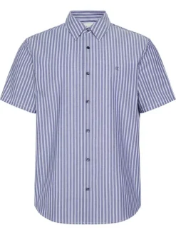 Chemise à rayures verticales en coton bleue pourvue d'un col à revers