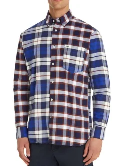 Chemise Regular Fit en coton bleu à double motifs Tartan et col américain