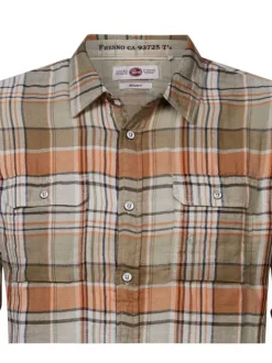 Chemise Regular Fit légère, coton motif Tartan orange et beige, à col français
