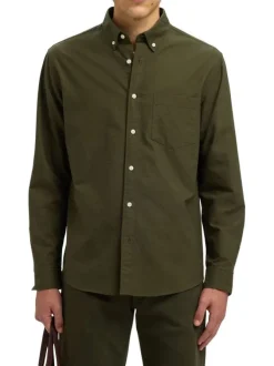 Chemise Rick en coton kaki unie à coupe droite avec un col américain
