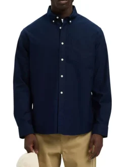 Chemise Rick en coton marine unie à coupe droite avec un col américain