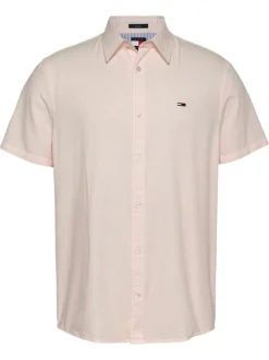 Chemise rose unie à coupe droite, col français et à manches courtes
