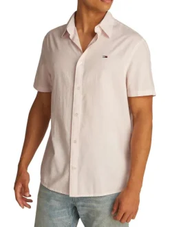 Chemise rose unie à coupe droite, col français et à manches courtes