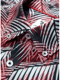 Chemise rouge en coton imprimée de palme, coupe ajustée col américain et à manches courtes