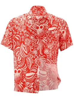 Chemise rouge fleurie à coupe droite col cubain et à manches courtes
