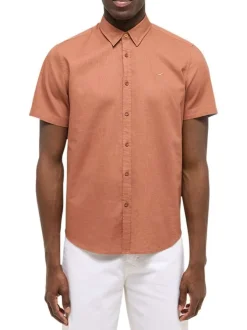 Chemise rouge unie en coton et lin mélangé avec une coupe droite